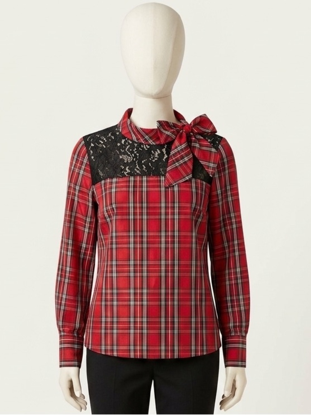 Naracamicie Red Plaid Bow Blouse with Black Lace Yoke